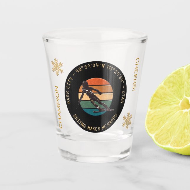 Ski Park City, Utah - Woman Skier, Golden Text Shot Glass (Front)