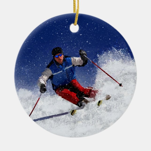 Ski Racing Down the Mountain Ceramic Ornament (Front)