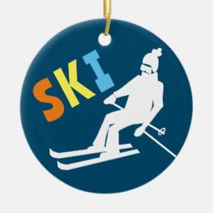Ski Retro Skier Winter Blue White Ceramic Ornament