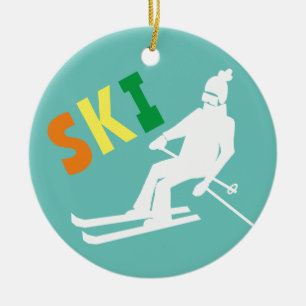 Ski Retro Skier Winter Teal White Ceramic Ornament
