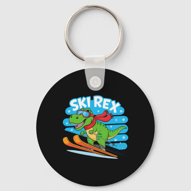 Ski Rex Funny Skiing Dinosaur Winter Sports Design Keychain (Front)
