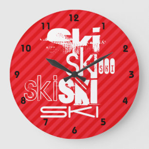 Ski; Scarlet Red Stripes Large Clock