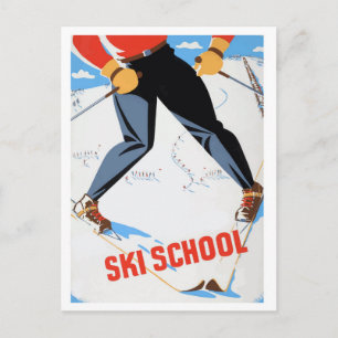 Ski school, man on ski, vintage travel postcard