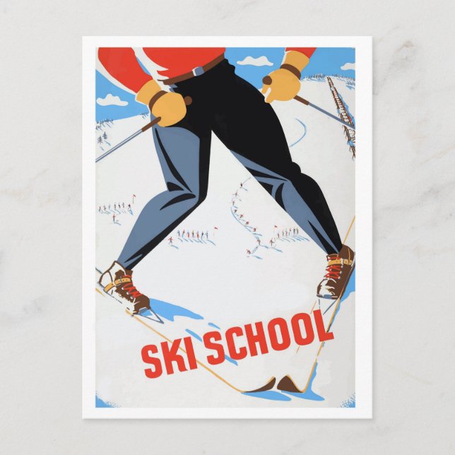 Ski school, man on ski, vintage travel postcard (Front)