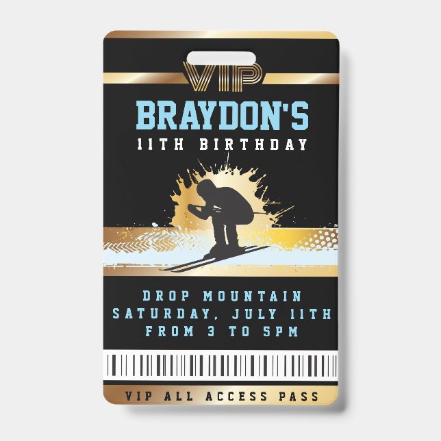 SKI SKIER MOUNTAIN Birthday ALL ACCESS Gold Pass Badge (Front)