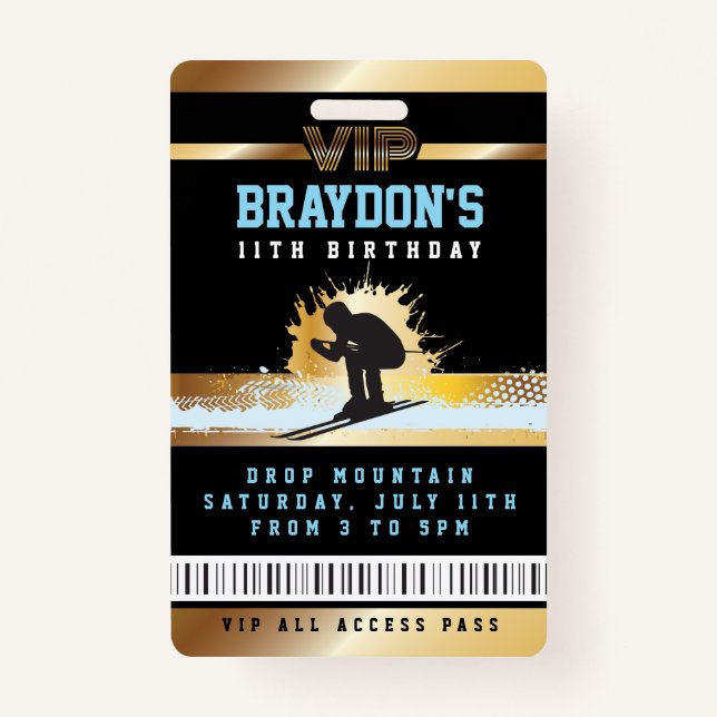 SKI SKIER MOUNTAIN Birthday ALL ACCESS Gold Pass Badge (Front)