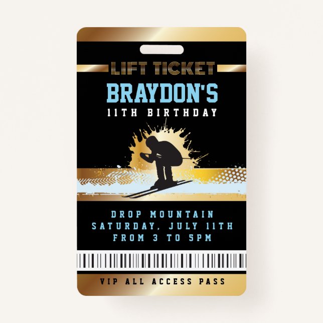 SKI SKIER MOUNTAIN Birthday ALL ACCESS Lift Ticket Badge (Front)