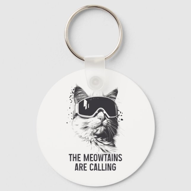 Ski Snowboard Cat Funny The Meowtains Are Calling  Keychain (Front)