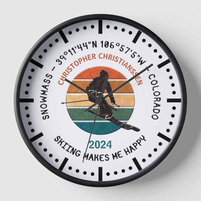 Ski Snowmass, Colorado - Man Skier, Black Text Clock (Front)