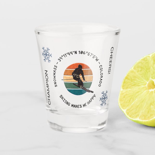 Ski Snowmass, Colorado - Man Skier, Black Text Shot Glass (Front)