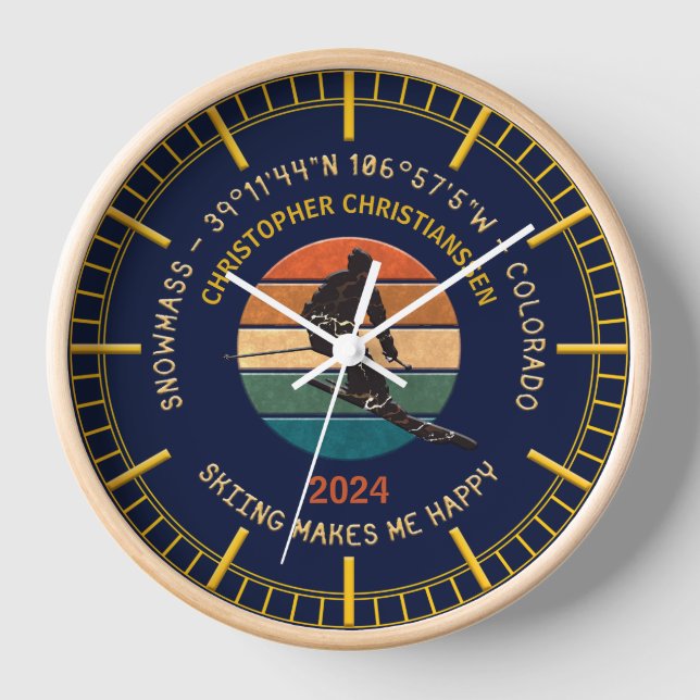 Ski Snowmass, Colorado - Man Skier, Yellow Text Clock (Front)