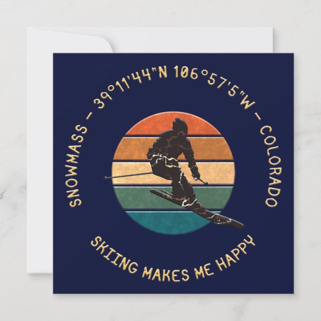 Ski Snowmass, Colorado - Man Skier, Yellow Text Holiday Card (Front)