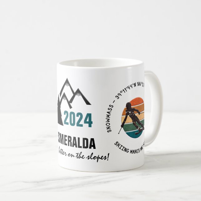 Ski Snowmass, Colorado - Woman Skier, Black Text Coffee Mug (Front Right)