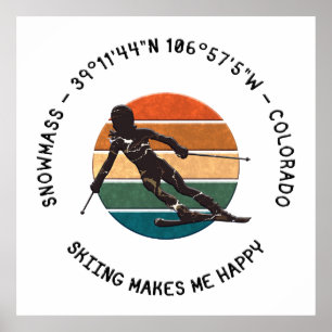 Ski Snowmass, Colorado - Woman Skier, Black Text Poster