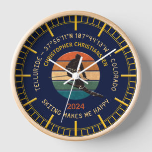 Ski Telluride, Colorado - Man Skier, Yellow Text Clock