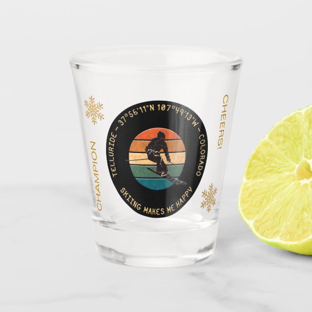 Ski Telluride, Colorado - Man Skier, Yellow Text Shot Glass (Front)