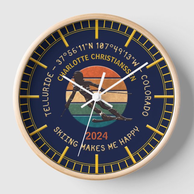 Ski Telluride, Colorado - Woman Skier, Yellow Text Clock (Front)