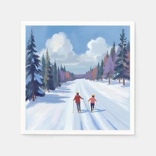 Ski Trail Mountain Skiing Watercolor Winter Napkin