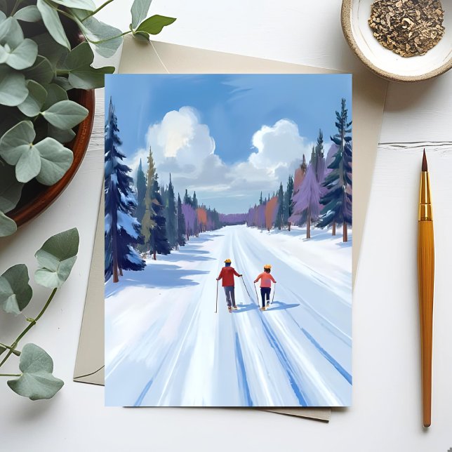 Ski Trail | Mountain Skiing Watercolor Winter Postcard (Creator Uploaded)