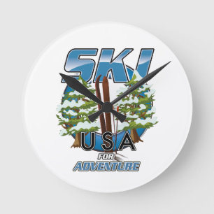 Ski USA For adventure logo. Round Clock