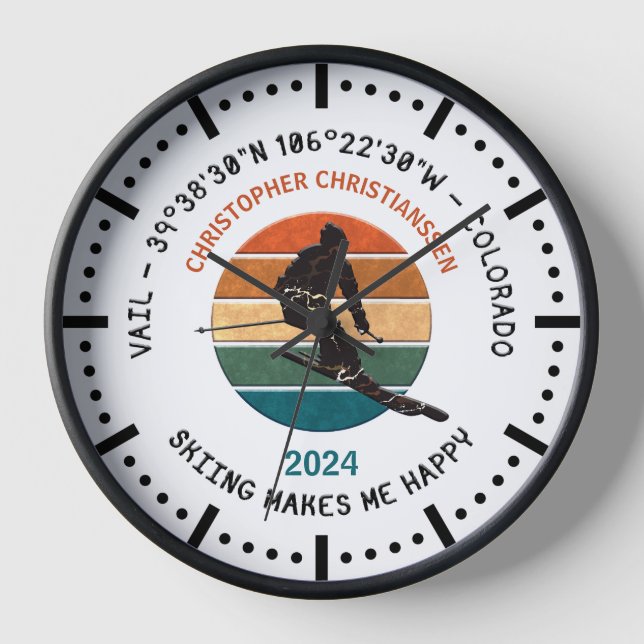 Ski Vail, Colorado - Man Skier, Black Text Clock (Front)