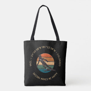 Ski Vail, Colorado - Woman Skier, Golden Text Tote Bag