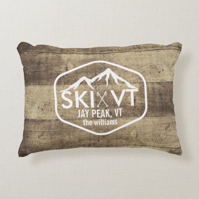 Ski Vermont Rustic Jay Peak Stowe Killington Wood Accent Pillow (Front)