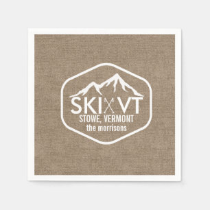 Ski Vermont Stowe Snow Mountain Rustic Burlap Napkin