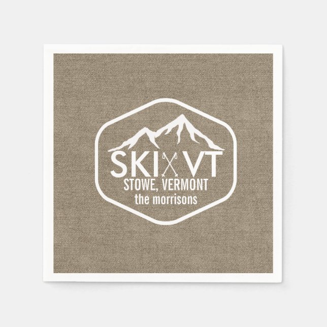 Ski Vermont Stowe Snow Mountain Rustic Burlap Napkin (Front)