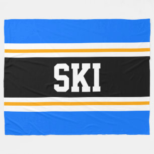 SKI Wide Bright Blue Black Yellow Racing Stripes Fleece Blanket