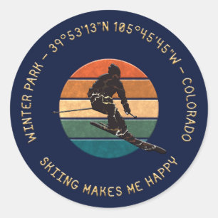 Ski Winter Park, Colorado - Man Skier Golden Text Classic Round Sticker
