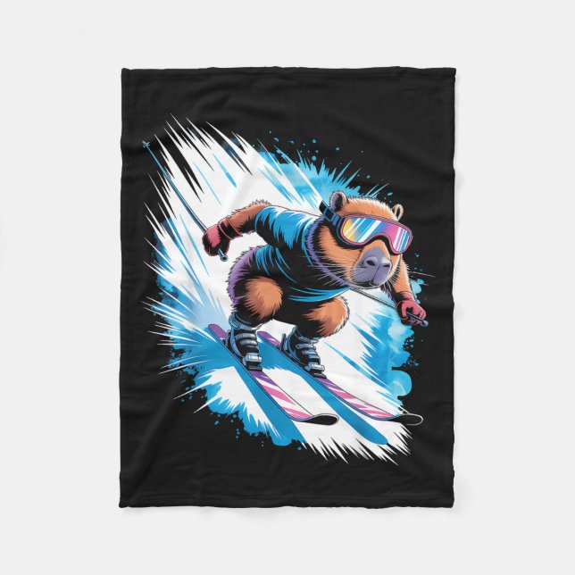Ski winter sport skier funny skiing capybara  fleece blanket (Front)