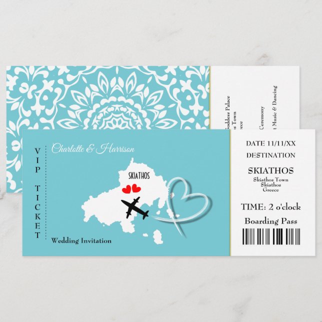 Skiathos Wedding Destination Ticket Boarding Pass Invitation (Front/Back)