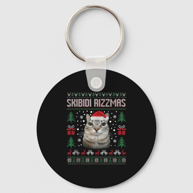 Skibidi Rizzmas Funny Silly Staring Cat Ugly Sweat Keychain (Front)