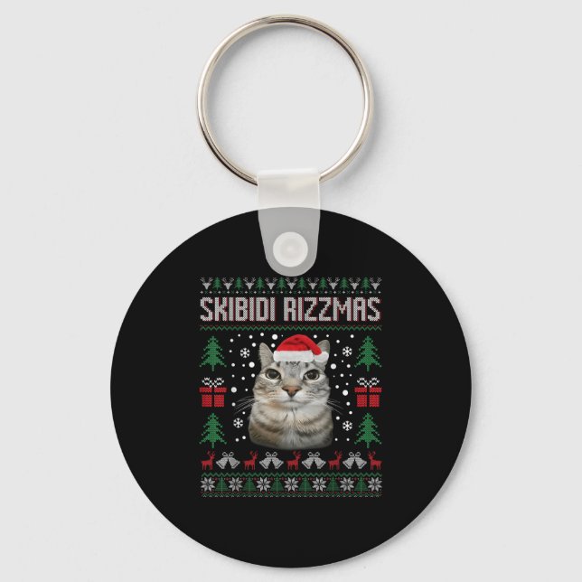 Skibidi Rizzmas Funny Silly Staring Cat Ugly Sweat Keychain (Front)