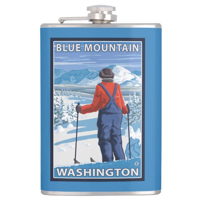 Skier Admiring - Blue Mountain, Washington Hip Flask (Front)