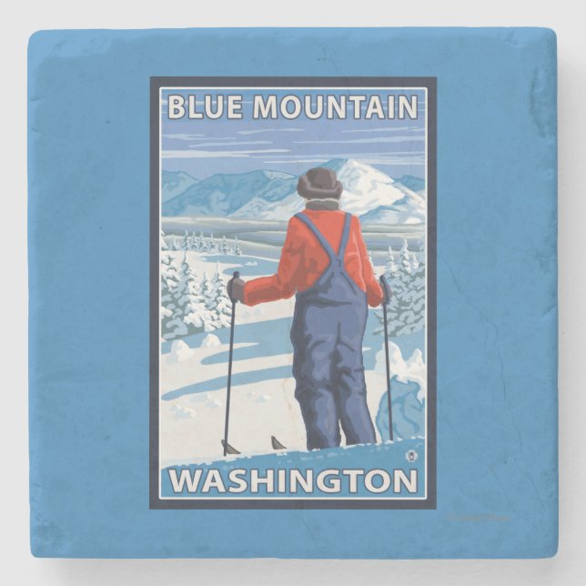 Skier Admiring - Blue Mountain, Washington Stone Coaster (Front)