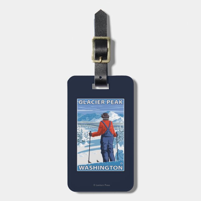 Skier Admiring - Glacier Peak, Washington Luggage Tag (Front Vertical)