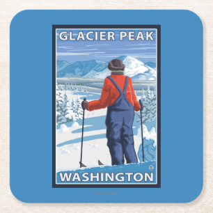 Skier Admiring - Glacier Peak, Washington Square Paper Coaster