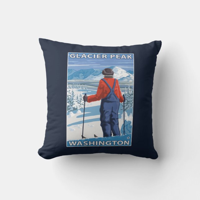 Skier Admiring - Glacier Peak, Washington Throw Pillow (Front)