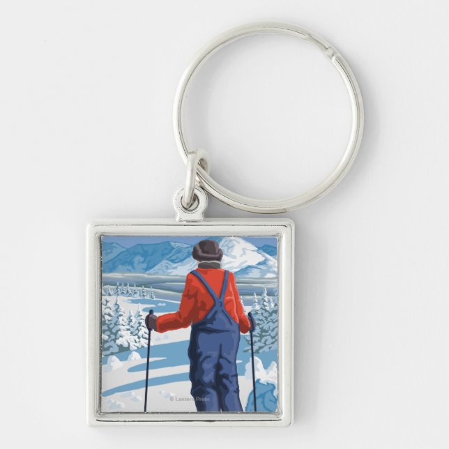 Skier Admiring - Snoqualmie Pass, Washington Keychain (Front)