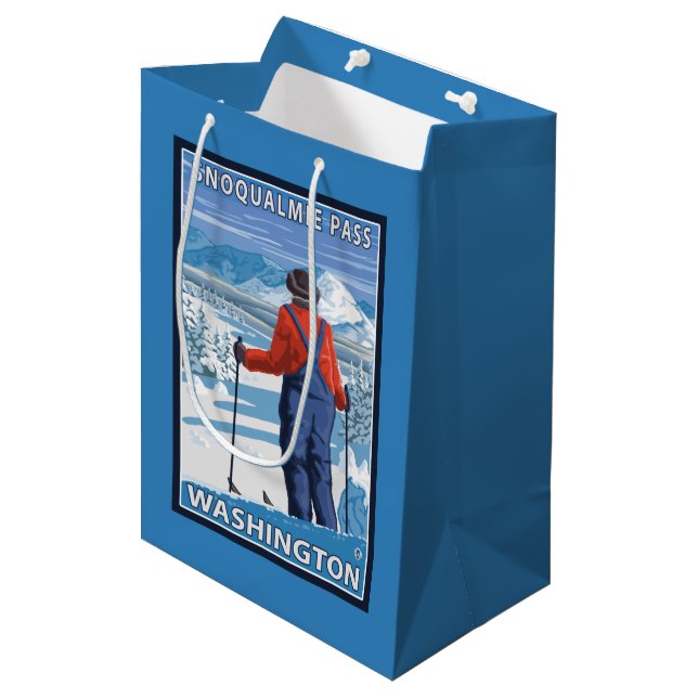 Skier Admiring - Snoqualmie Pass, Washington Medium Gift Bag (Front Angled)