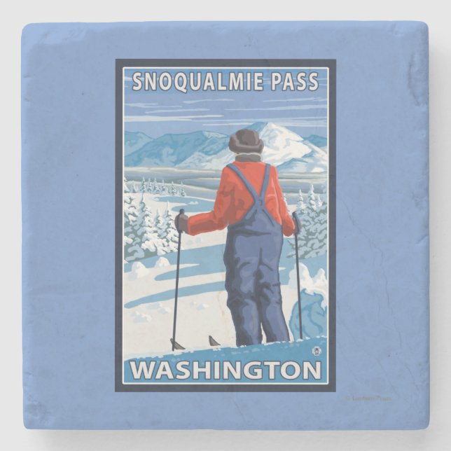 Skier Admiring - Snoqualmie Pass, Washington Stone Coaster (Front)