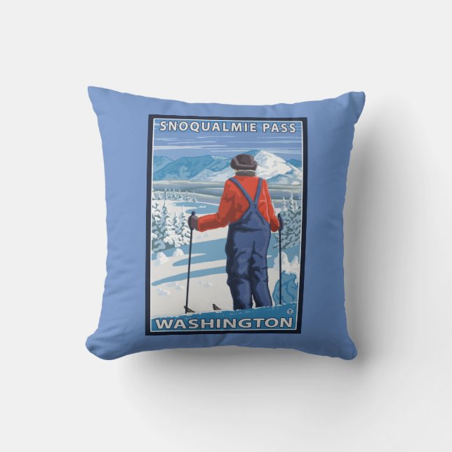 Skier Admiring - Snoqualmie Pass, Washington Throw Pillow (Front)