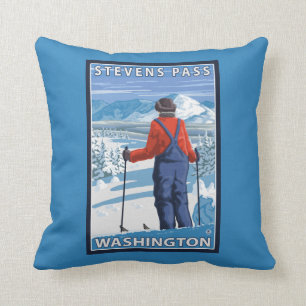 Skier Admiring - Stevens Pass, Washington Throw Pillow