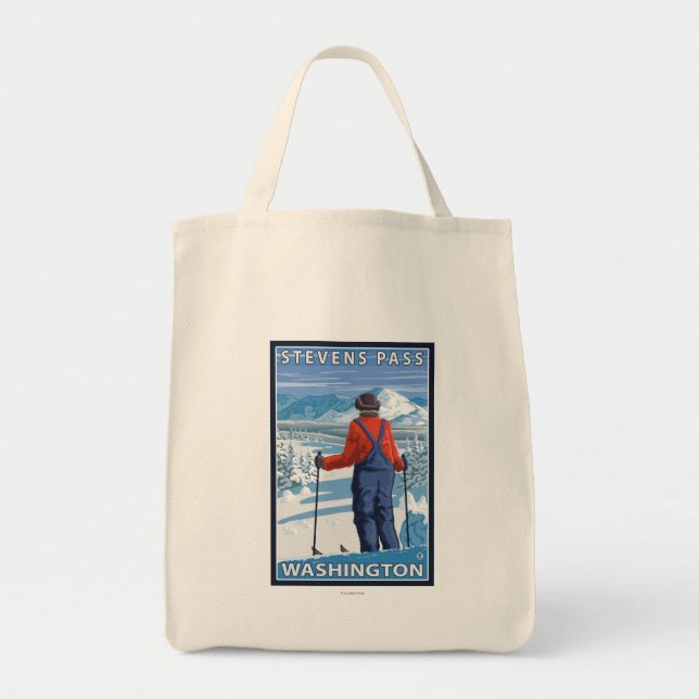 Skier Admiring - Stevens Pass, Washington Tote Bag (Front)