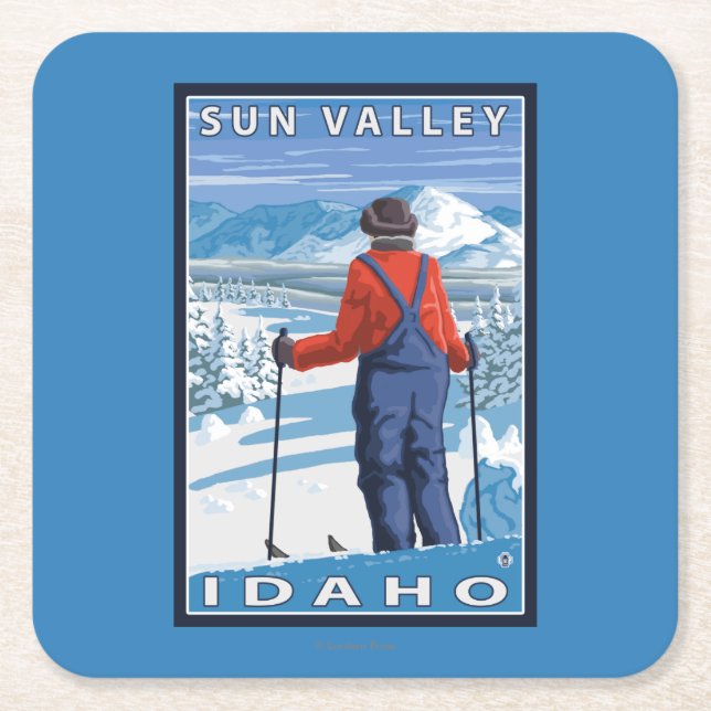 Skier Admiring - Sun Valley, Idaho Square Paper Coaster (Front)