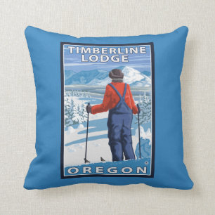 Skier Admiring - Timberline Lodge, Oregon Throw Pillow