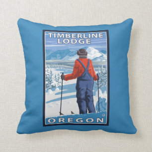 Skier Admiring - Timberline Lodge, Oregon Throw Pillow