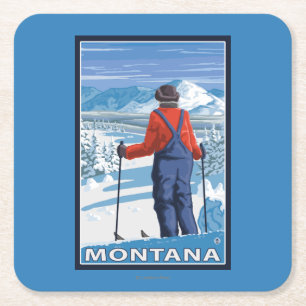 Skier AdmiringMontanaVintage Travel Poster Square Paper Coaster